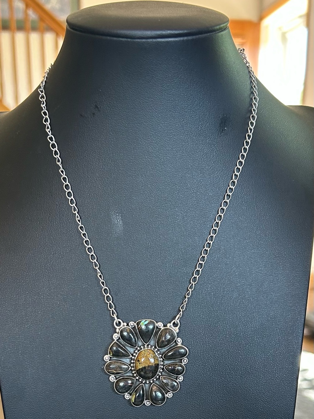 Blackjack Turquoise Cluster Sterling Silver Necklace Pendant Southwest